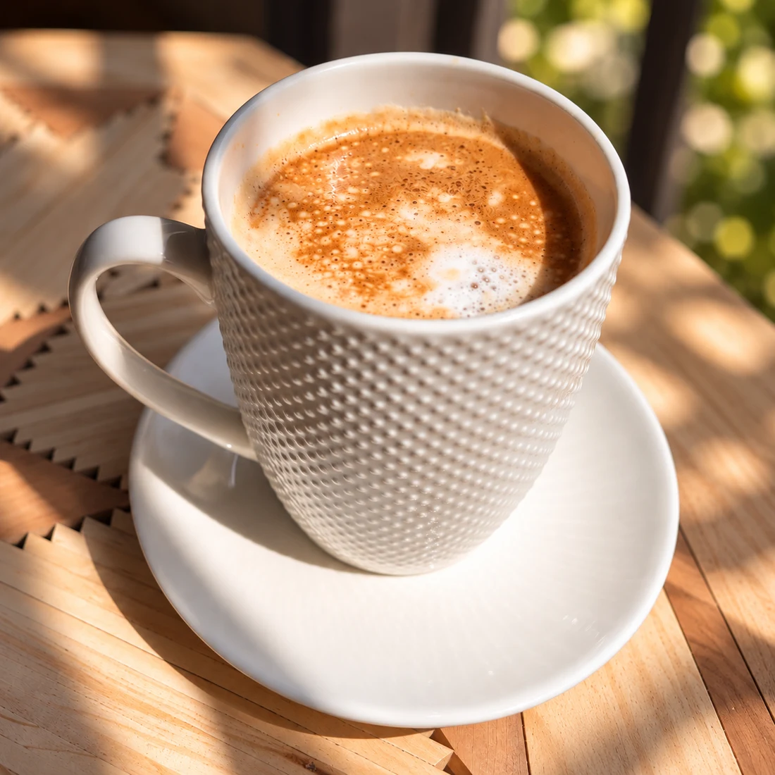 Una taza de café espumoso iluminada por el sol